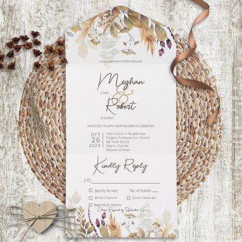 Rustic Boho Fall Wildflowers White Dinner All In One Invitation