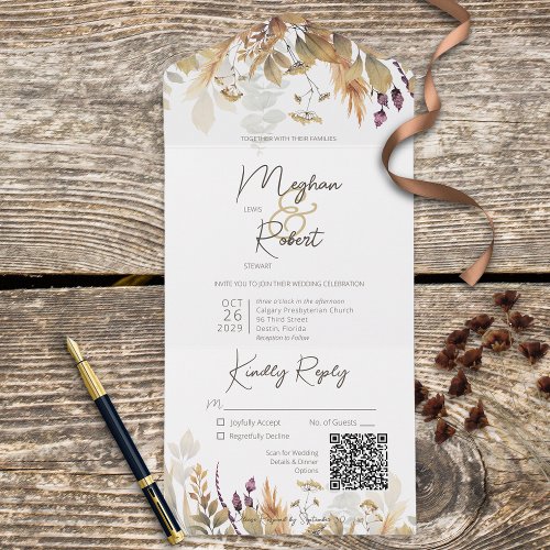 Rustic Boho Fall Wildflowers White QR Code All In One Invitation