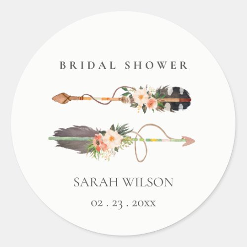 Rustic Boho Feather Floral Arrow Bridal Shower  Classic Round Sticker