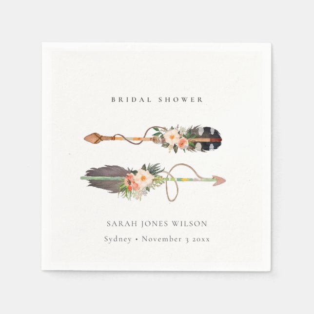 Rustic Boho Feather Floral Arrow Bridal Shower  Napkins (Front)