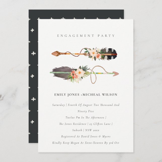 Rustic Boho Feather Floral Arrow Engagement Invite (Front/Back)