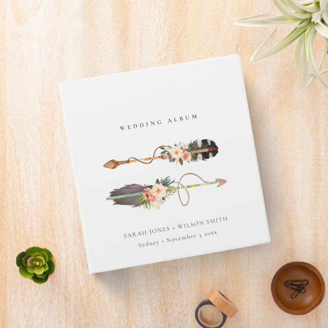 Rustic Boho Feather Floral Arrow Wedding Albums 3 Ring Binder (In Situ)