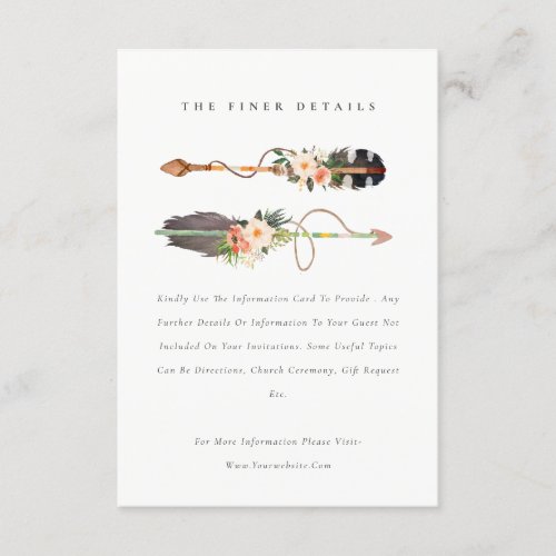 Rustic Boho Feather Floral Arrow Wedding Details Enclosure Card