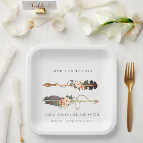 Rustic Boho Feather Floral Arrow Wedding Thanks Paper Plates