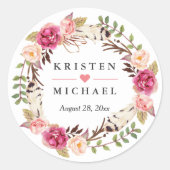 Rustic Boho Feather Floral Wreath Wedding Favor Classic Round Sticker (Front)