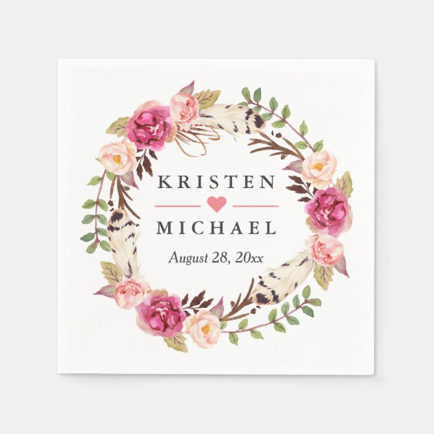 Rustic Boho Feather Floral Wreath Wedding Party Napkin