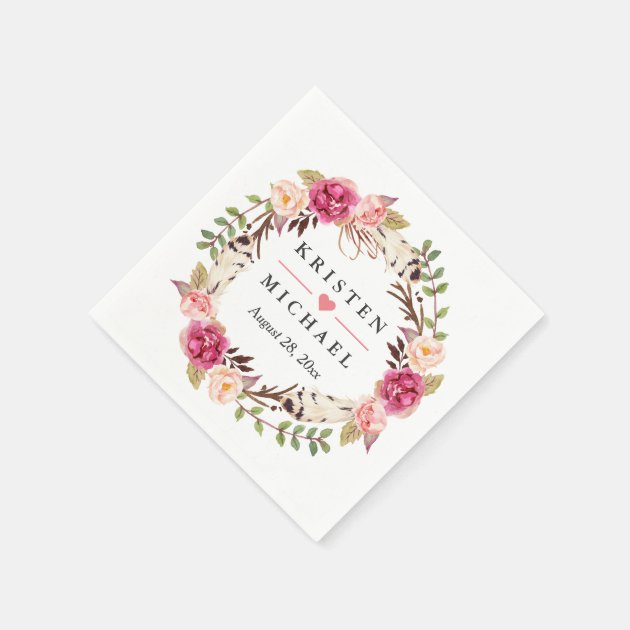 Rustic Boho Feather Floral Wreath Wedding Party Napkin