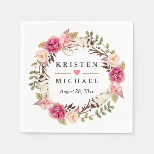 Rustic Boho Feather Floral Wreath Wedding Party Napkins