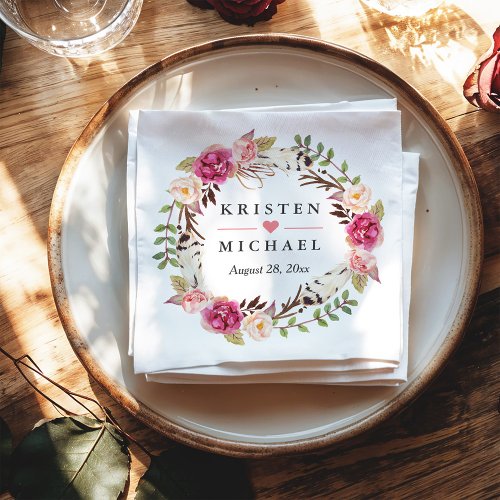 Rustic Boho Feather Floral Wreath Wedding Party Napkins