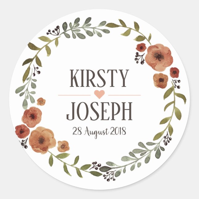 Rustic Boho Feather Floral Wreath Wedding Sticker (Front)