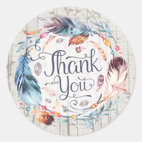 Rustic Boho Feathers Bohemian Shower Thank You Classic Round Sticker