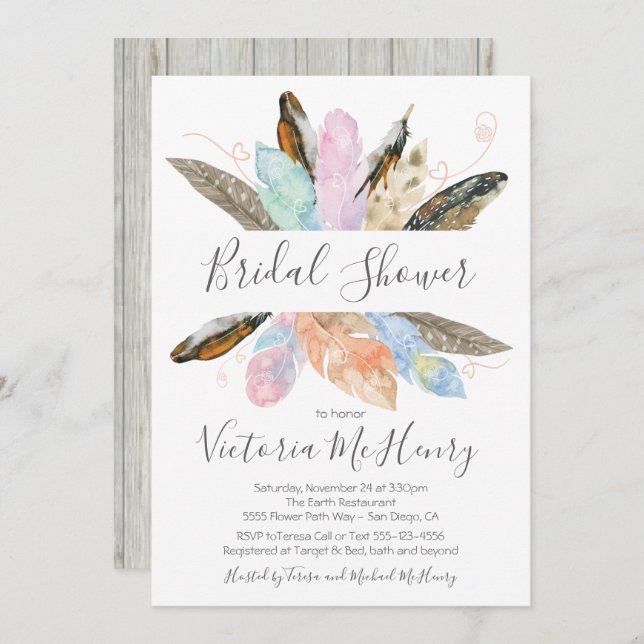 Rustic Boho Feathers Watercolor Bridal Shower Invitation (Front/Back)