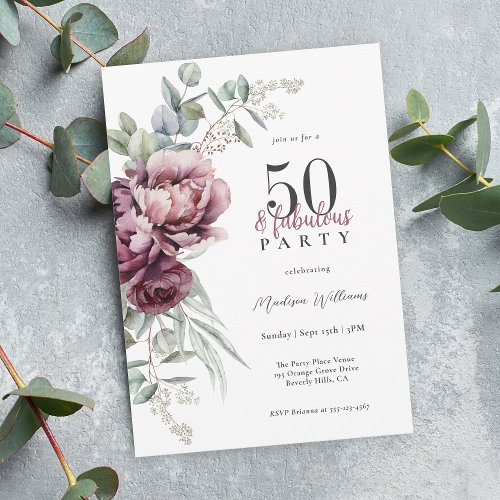 Rustic Boho Floral 50 and Fabulous Birthday Party Invitation