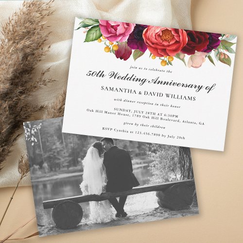 Rustic Boho Floral 50th Anniversary with Photo Invitation