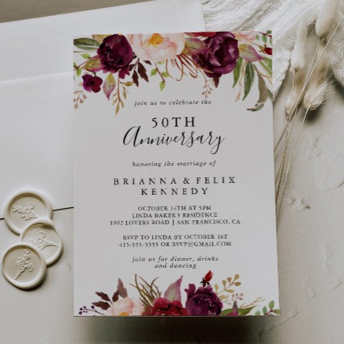 Rustic Boho Floral 50th Wedding Anniversary Invitation