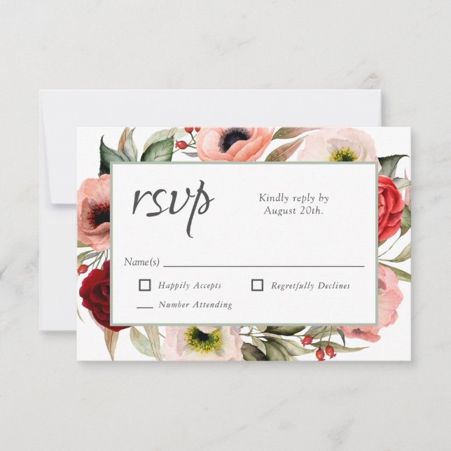 Rustic Boho Floral and Burgundy Wedding RSVP (Front)