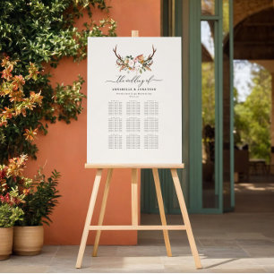 Rustic Boho Floral Antler Wedding Seating Chart Foam Board