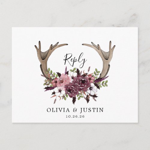 Rustic Boho Floral Antlers RSVP Wedding Postcard