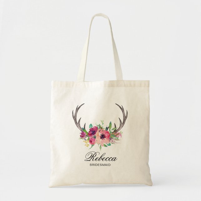 Rustic Boho Floral Antlers Wedding Bridesmaid Tote Bag (Front)