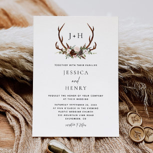 Rustic Boho Floral Antlers Wedding Invitation