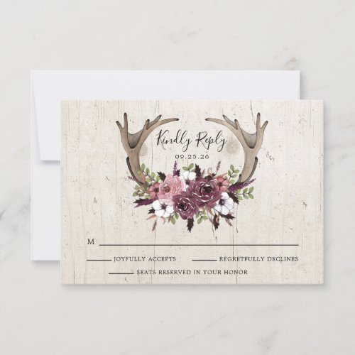 Rustic Boho Floral Antlers Wedding Response Card