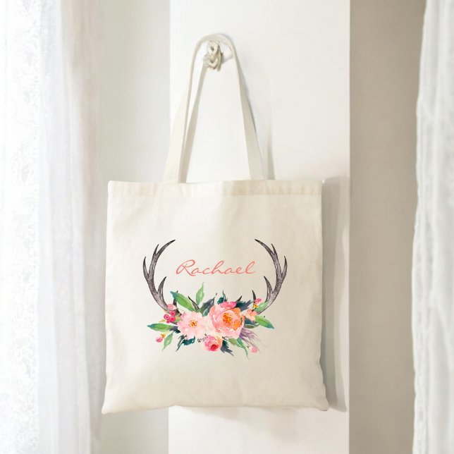 Rustic Boho Floral Antlers with Name Tote Bag (Personalize with any name.)