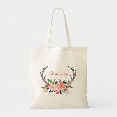 Rustic Boho Floral Antlers With Name Tote Bag