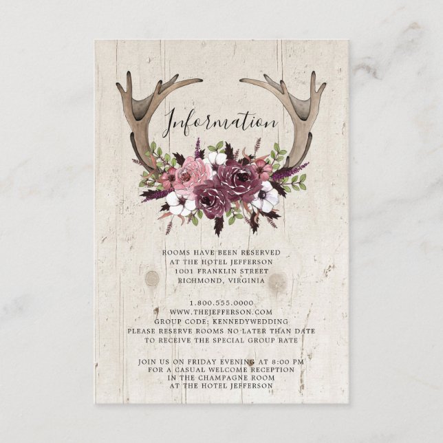 Rustic Boho Floral Antlers Wood Wedding  Enclosure Card (Front)