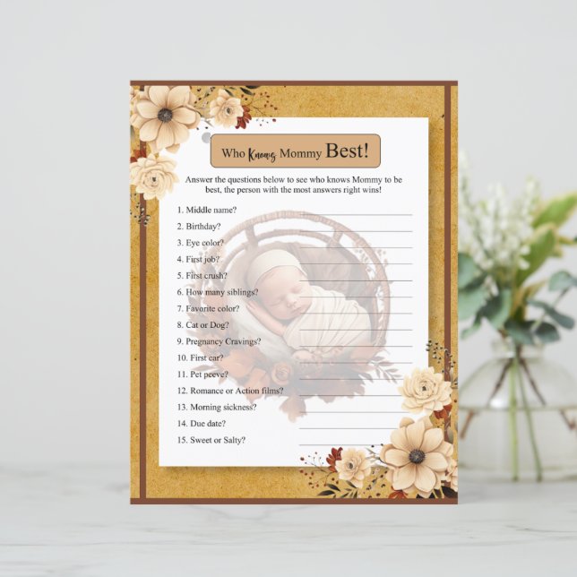Rustic Boho Floral Baby Showe Who Knows Mommy Game (Standing Front)