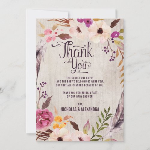 Rustic Boho Floral Baby Shower Thank You Note Card