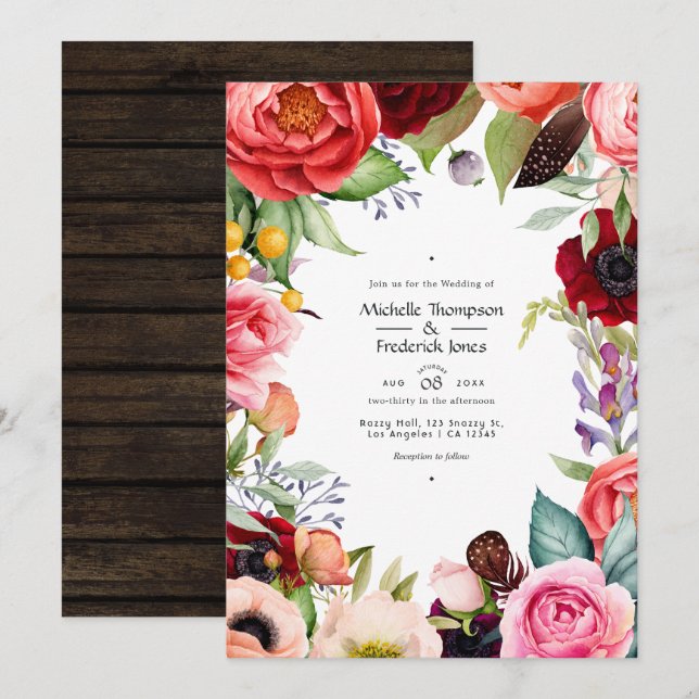 Rustic Boho Floral Bohemian Wedding Invitation (Front/Back)