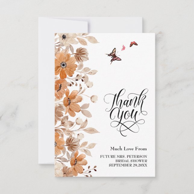 Rustic Boho Floral Bridal Shower Thank You Note Card (Front)