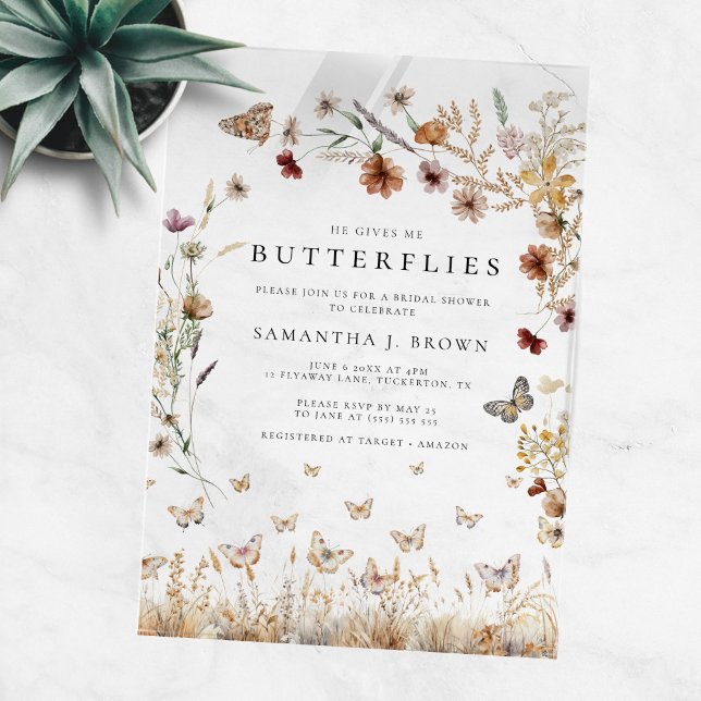 Rustic Boho Floral Butterflies Bridal Shower Acrylic Invitations (Creator Uploaded)