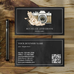 Rustic Boho Floral Camera QR Code Photographer Business Card