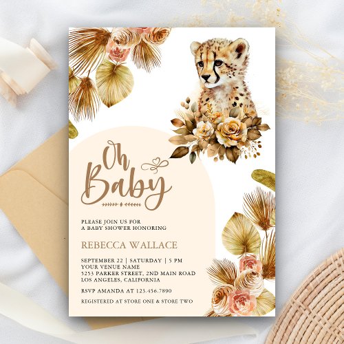 Rustic Boho Floral Cheetah Girl Baby Shower Invitation