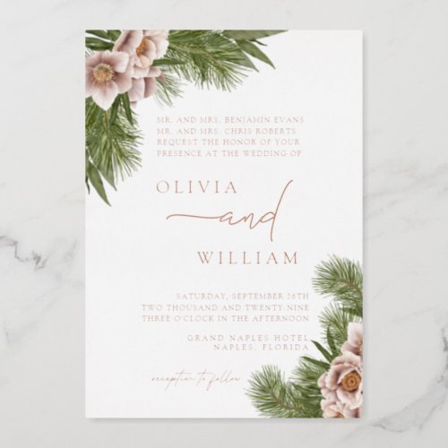 Rustic Boho Floral Christmas Holiday Wedding Foil Invitation