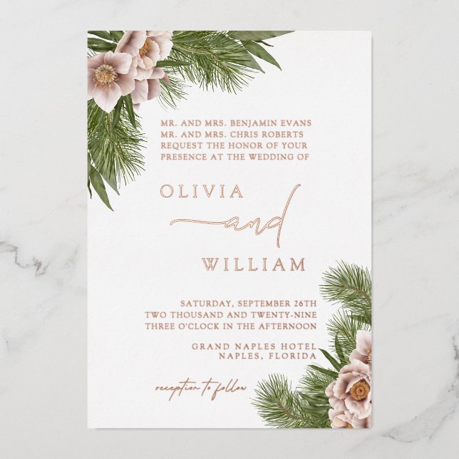 Rustic Boho Floral Christmas Holiday Wedding Foil Invitation (Front)