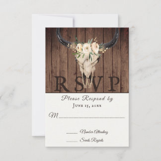Rustic Boho Floral Cow Skull on Barnwood Wedding RSVP Card