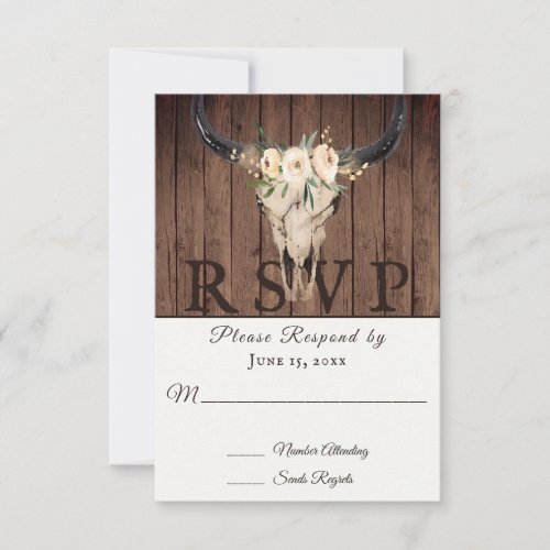 Rustic Boho Floral Cow Skull on Barnwood Wedding RSVP Card