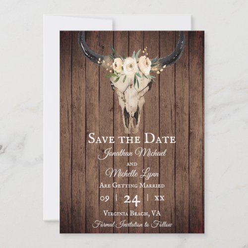 Rustic Boho Floral Cow Skull on Barnwood Wedding Save The Date