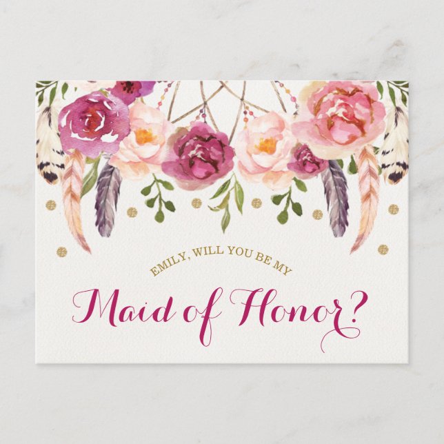 Rustic Boho Floral Dreamcatcher Maid of Honor Card (Front)