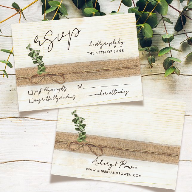 Rustic Boho Floral Eco Wood Eucalyptus Wedding RSVP Card (Creator Uploaded)
