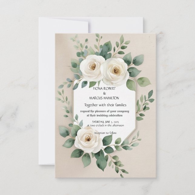 Rustic Boho Floral Elegant White Roses Save The Date (Front)