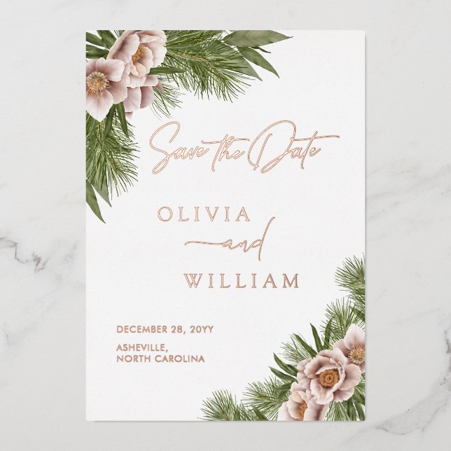 Rustic Boho Floral Holiday Save The Date Foil Invitation (Front)
