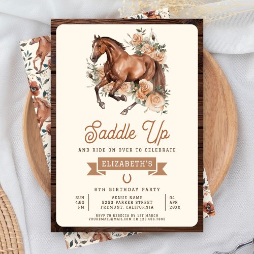 Rustic Boho Floral Horse Cowgirl Birthday Party Invitation