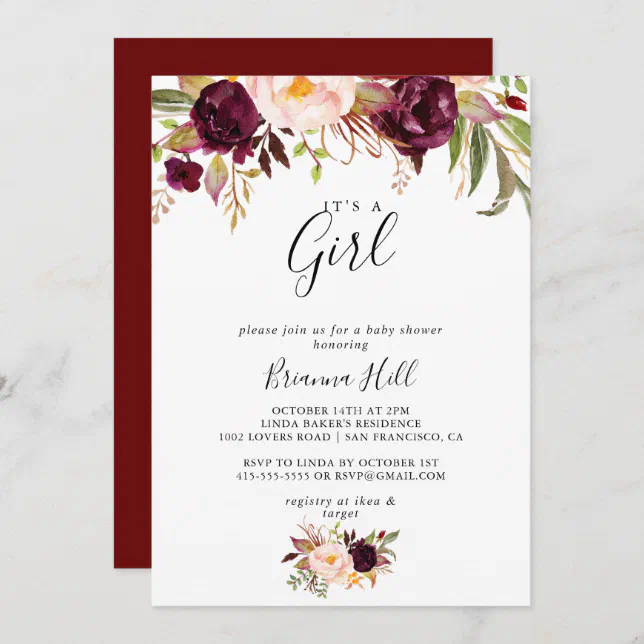 Rustic Boho Floral It's A Girl Baby Shower Invitation | Zazzle