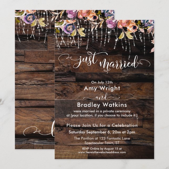 Rustic Boho Floral Just Married Reception-Only Invitation (Front/Back)