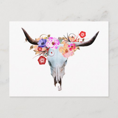 Rustic Boho Floral Longhorn Skull Postcard