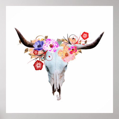 Rustic Boho Floral Longhorn Skull Poster