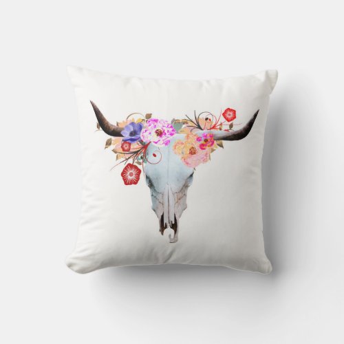 Rustic Boho Floral Longhorn Skull Throw Pillow